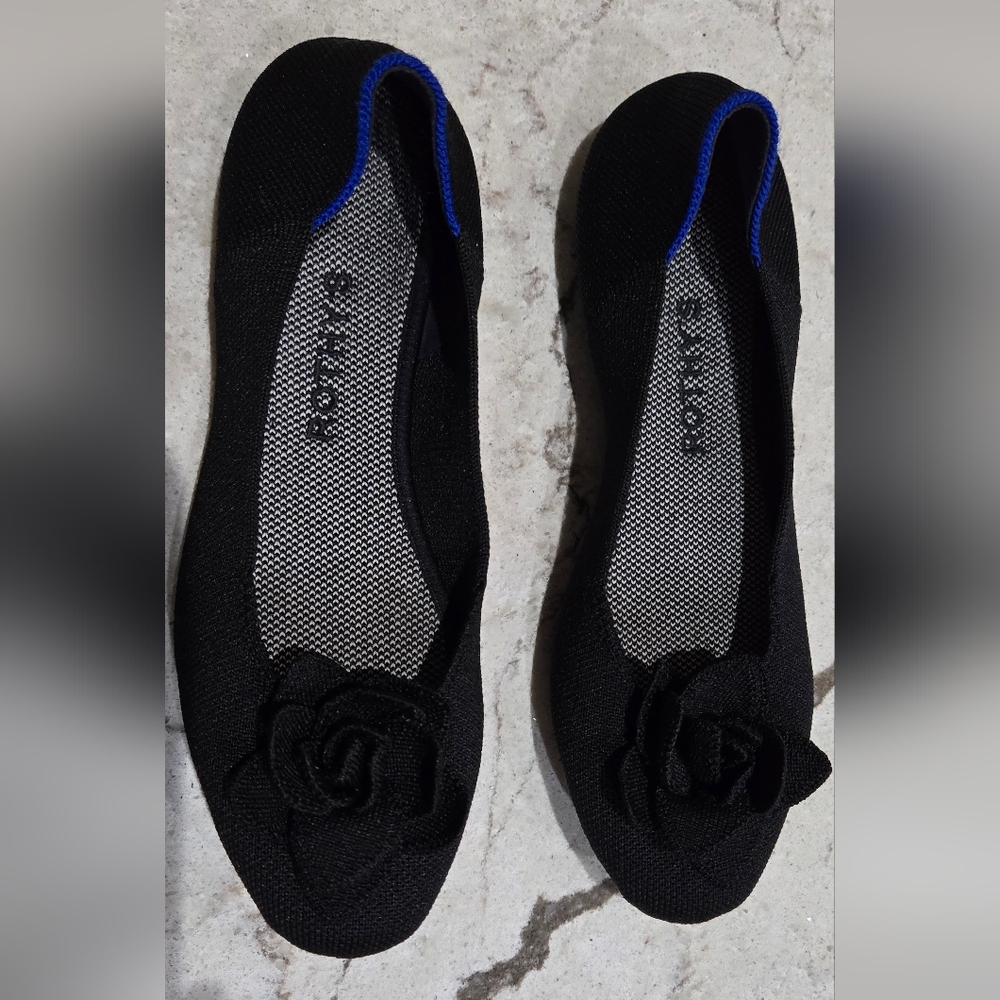 Rothy's Black Ballet Flats with Blue Trim and Rose Detail Size 7 NWOT